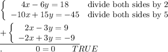 \left\{\begin{array}{ccc}4x-6y=18&\text{divide both sides by 2}\\-10x+15y=-45&\text{divide both sides by 5}\end{array}\right\\\\\underline{+\left\{\begin{array}{ccc}2x-3y=9\\-2x+3y=-9\end{array}\right}\\.\qquad\qquad0=0\qquad TRUE