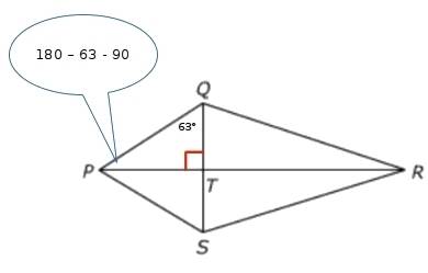 In kite pqrs, m∠tqp=63°. identify m∠qpt.