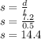 s=\frac{d}{t} \\s=\frac{7.2}{0.5} \\s=14.4