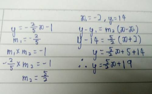 Find the equation of the line that passes through the point (-2,14) and is perpendicular to y = -2/5