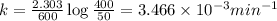k=\frac{2.303}{600}\log\frac{400}{50}=3.466\times 10^{-3}min^{-1}