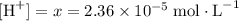 [\text{H}^{+}] = x = 2.36 \times 10^{-5} \; \text{mol}\cdot \text{L}^{-1}