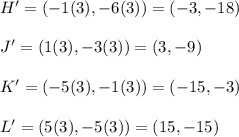 H'=(-1(3),-6(3))=(-3,-18)\\\\J'=(1(3),-3(3))=(3,-9)\\\\K'=(-5(3),-1(3))=(-15,-3)\\\\L'=(5(3),-5(3))=(15,-15)
