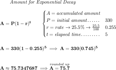 \bf \qquad \textit{Amount for Exponential Decay} \\\\ A=P(1 - r)^t\qquad \begin{cases} A=\textit{accumulated amount}\\ P=\textit{initial amount}\dotfill &330\\ r=rate\to 25.5\%\to \frac{25.5}{100}\dotfill &0.255\\ t=\textit{elapsed time}\dotfill &5\\ \end{cases} \\\\\\ A=330(1-0.255)^5\implies A=330(0.745)^5 \\\\\\ A\approx 75.7347687\implies \stackrel{\textit{rounded up}}{A=75.7}