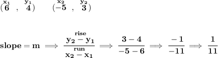 \bf (\stackrel{x_1}{6}~,~\stackrel{y_1}{4})\qquad (\stackrel{x_2}{-5}~,~\stackrel{y_2}{3}) \\\\\\ slope = m\implies \cfrac{\stackrel{rise}{ y_2- y_1}}{\stackrel{run}{ x_2- x_1}}\implies \cfrac{3-4}{-5-6}\implies \cfrac{-1}{-11}\implies \cfrac{1}{11}