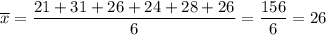 \overline{x} = \dfrac{21+31+26+24+28+26}{6}=\dfrac{156}{6}=26