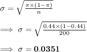\sigma = \sqrt{\frac{\pi \times (1 - \pi)}{n}}\\\\\implies \sigma= \sqrt{\frac{0.44 \times (1 - 0.44)}{200}}\\\\\implies\bf \sigma = 0.0351