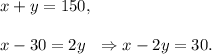 x+y=150,\\\\x-30=2y~~\Rightarrow x-2y=30.