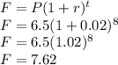 F=P(1+r)^t\\F=6.5(1+0.02)^8\\F=6.5(1.02)^8\\F=7.62