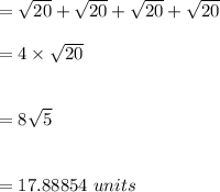 =\sqrt{20}+\sqrt{20}+\sqrt{20}+\sqrt{20}\\\\=4\times \sqrt{20}\\\\\\=8\sqrt{5}\\\\\\=17.88854\ units