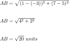 AB=\sqrt{(1-(-3))^2+(7-5)^2}\\\\\\AB=\sqrt{4^2+2^2}\\\\\\AB=\sqrt{20}\ units