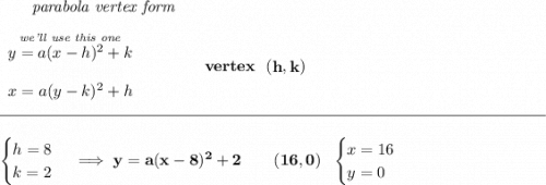 \bf ~~~~~~\textit{parabola vertex form} \\\\ \begin{array}{llll} \stackrel{\textit{we'll use this one}}{y=a(x- h)^2+ k}\\\\ x=a(y- k)^2+ h \end{array} \qquad\qquad vertex~~(\stackrel{}{ h},\stackrel{}{ k}) \\\\[-0.35em] \rule{34em}{0.25pt}\\\\ \begin{cases} h=8\\ k=2 \end{cases}\implies y=a(x-8)^2+2\qquad (16,0)~~ \begin{cases} x=16\\ y=0 \end{cases}
