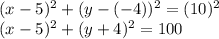 (x-5)^{2}+(y-(-4))^{2}=(10)^{2}\\(x-5)^{2}+(y+4)^{2}=100