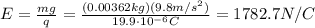 E=\frac{mg}{q}=\frac{(0.00362 kg)(9.8 m/s^2)}{19.9\cdot 10^{-6} C}=1782.7 N/C