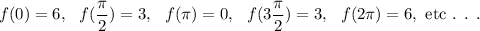 f(0)=6,~~f(\dfrac{\pi}{2})=3,~~f(\pi)=0,~~f(3\dfrac{\pi}{2})=3,~~f(2\pi)=6,~\textup{etc . . .}
