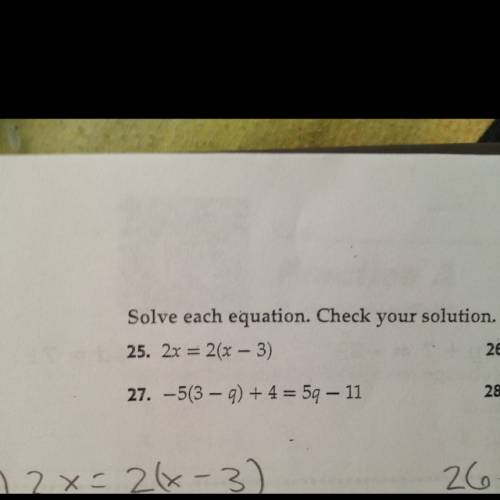 Please solve number 27.) -5(3-q) +4 =5q-11