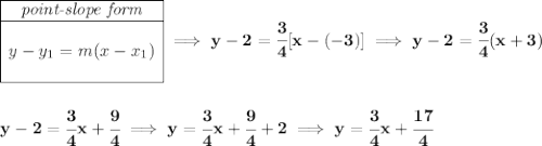 \bf \begin{array}{|c|ll} \cline{1-1} \textit{point-slope form}\\ \cline{1-1} \\ y-y_1=m(x-x_1) \\\\ \cline{1-1} \end{array}\implies y-2=\cfrac{3}{4}[x-(-3)] \implies y-2=\cfrac{3}{4}(x+3) \\\\\\ y-2=\cfrac{3}{4}x+\cfrac{9}{4}\implies y=\cfrac{3}{4}x+\cfrac{9}{4}+2\implies y=\cfrac{3}{4}x+\cfrac{17}{4}