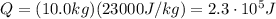 Q=(10.0 kg)(23000 J/kg)=2.3\cdot 10^5 J