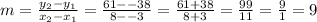 m=\frac{y_2-y_1}{x_2-x_1}=\frac{61--38}{8--3}=\frac{61+38}{8+3}=\frac{99}{11}=\frac{9}{1}=9