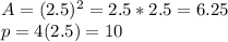 A = (2.5) ^ 2 = 2.5 * 2.5 = 6.25\\p = 4 (2.5) = 10