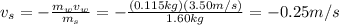 v_s = -\frac{m_w v_w}{m_s}=-\frac{(0.115 kg)(3.50 m/s)}{1.60 kg}=-0.25 m/s