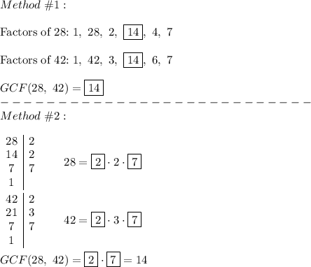 Method\ \#1:\\\\\text{Factors of 28:}\ 1,\ 28,\ 2,\ \boxed{14},\ 4,\ 7\\\\\text{Factors of 42:}\ 1,\ 42,\ 3,\ \boxed{14},\ 6,\ 7\\\\GCF(28,\ 42)=\boxed{14}\\---------------------------\\Method\ \#2:\\\\\begin{array}{c|c}28&2\\14&2\\7&7\\1\end{array}\qquad28=\boxed{2}\cdot2\cdot\boxed{7}\\\\\begin{array}{c|c}42&2\\21&3\\7&7\\1\end{array}\qquad42=\boxed2\cdot3\cdot\boxed7\\\\GCF(28,\ 42)=\boxed2\cdot\boxed7=14
