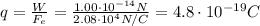 q=\frac{W}{F_e}=\frac{1.00\cdot 10^{-14}N}{2.08\cdot 10^4 N/C}=4.8\cdot 10^{-19} C