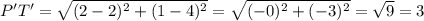 P'T' = \sqrt{(2-2)^2+(1-4)^2} =\sqrt{(-0)^2+(-3)^2}= \sqrt{9}= 3
