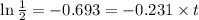 \ln\frac{1}{2}=-0.693=-0.231\times t