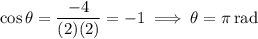 \cos\theta=\dfrac{-4}{(2)(2)}=-1\implies\theta=\pi\,\mathrm{rad}