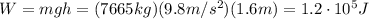 W=mgh=(7665 kg)(9.8 m/s^2)(1.6 m)=1.2\cdot 10^5 J