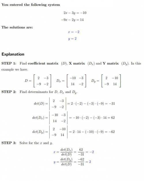 Solve the system of equations using a matrix.  separate the x and y values with a comma. 2x-3y=-10 -