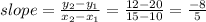 slope = \frac{y_2-y_1}{x_2-x_1} =\frac{12-20}{15- 10} = \frac{-8}{5}