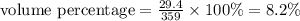 {\text {volume percentage}=\frac{29.4}{359}\times 100\%=8.2\%