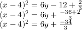 (x-4)^2=6y-12+\frac{2}{3}\\(x-4)^2=6y+\frac{-36+2}{3}\\(x-4)^2=6y+\frac{-34}{3}