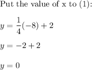\text{Put the value of x to (1):}\\\\y=\dfrac{1}{4}(-8)+2\\\\y=-2+2\\\\y=0