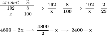 \bf \begin{array}{ccll} amount&\%\\ \cline{1-2} 192&8\\ x&100 \end{array}\implies \cfrac{192}{x}=\cfrac{8}{100}\implies \cfrac{192}{x}=\cfrac{2}{25} \\\\\\ 4800=2x\implies \cfrac{4800}{2}=x\implies 2400=x