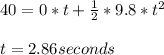 40=0*t+\frac{1}{2} *9.8*t^2\\ \\ t = 2.86 seconds