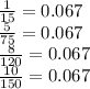 \frac{1}{15}=0.067\\\frac{5}{75}=0.067\\\frac{8}{120}=0.067\\\frac{10}{150}=0.067\\