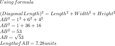 Using\thinspace formula\\\\(Diagonal\thinspace Length)^2=Length^2 +Width^2 +Height^2\\AB^2=1^2 +6^2 + 4^2 \\ AB^2=1 +36 + 16\\AB^2=53\\AB=\sqrt53 \\Length of AB=7.28units