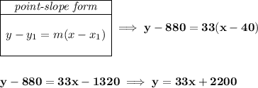 \bf \begin{array}{|c|ll} \cline{1-1} \textit{point-slope form}\\ \cline{1-1} \\ y-y_1=m(x-x_1) \\\\ \cline{1-1} \end{array}\implies y-880=33(x-40) \\\\\\ y-880=33x-1320\implies y=33x+2200