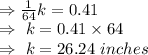 \\\Rightarrow\frac{1}{64}k=0.41\\\Rightarrow\ k=0.41\times64\\\Rightarrow\ k=26.24\ inches