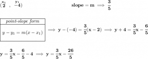 \bf (\stackrel{x_1}{2}~,~\stackrel{y_1}{-4}) ~\hspace{10em} slope = m\implies \cfrac{3}{5} \\\\\\ \begin{array}{|c|ll} \cline{1-1} \textit{point-slope form}\\ \cline{1-1} \\ y-y_1=m(x-x_1) \\\\ \cline{1-1} \end{array}\implies y-(-4)=\cfrac{3}{5}(x-2) \implies y+4=\cfrac{3}{5}x-\cfrac{6}{5} \\\\\\ y=\cfrac{3}{5}x-\cfrac{6}{5}-4\implies y=\cfrac{3}{5}x-\cfrac{26}{5}
