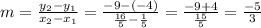 m=\frac{y_2-y_1}{x_2-x_1}=\frac{-9-\left(-4\right)}{\frac{16}{5}-\frac{1}{5}}=\frac{-9+4}{\frac{15}{5}}=\frac{-5}{3}
