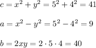 c=x^2+y^2=5^2+4^2=41\\ \\a=x^2-y^2=5^2-4^2=9\\ \\b=2xy=2\cdot 5\cdot 4=40