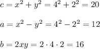 c=x^2+y^2=4^2+2^2=20\\ \\a=x^2-y^2=4^2-2^2=12\\ \\b=2xy=2\cdot 4\cdot 2=16