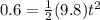 0.6 = \frac{1}{2}(9.8)t^2