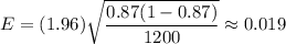 E=(1.96)\sqrt{\dfrac{0.87(1-0.87)}{1200}}\approx0.019