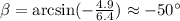 \beta = \arcsin (-\frac{4.9}{6.4})\approx -50^\circ