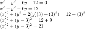 x^2+y^2-6y-12=0\\x^2+y^2-6y = 12\\(x)^2 +(y^2-2(y)(3)+(3)^2) = 12 +(3)^2\\(x)^2+(y-3)^2 = 12+9\\(x)^2 +(y-3)^2 = 21